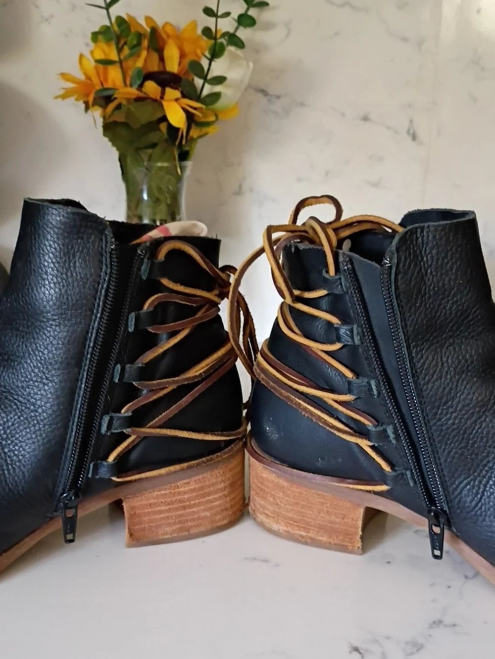 KORKS Black Leather Lace-Back Ankle Boots